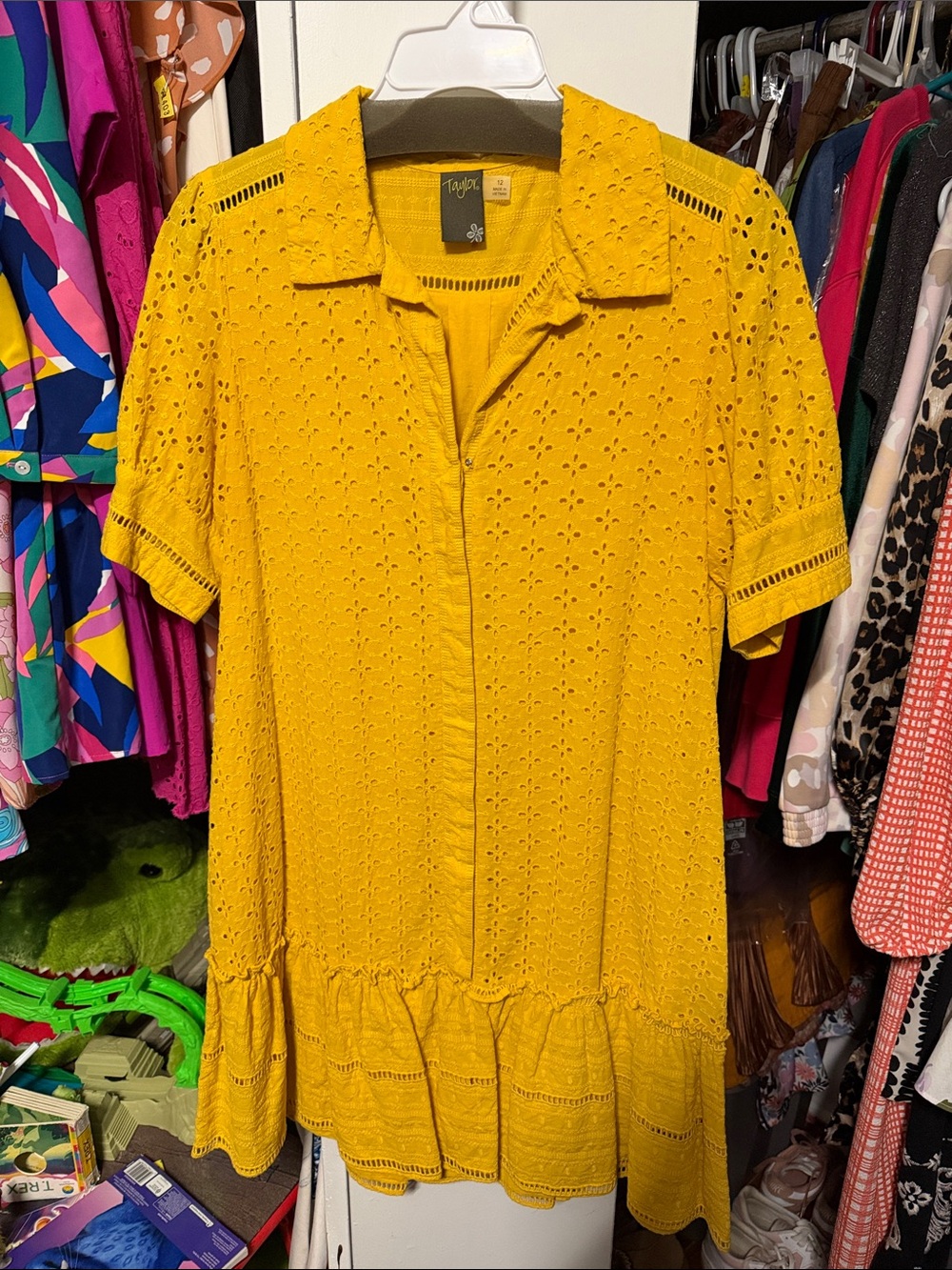 Taylor & Sage Mustard Eyelet Button-Front Tunic with Ruffle Hem